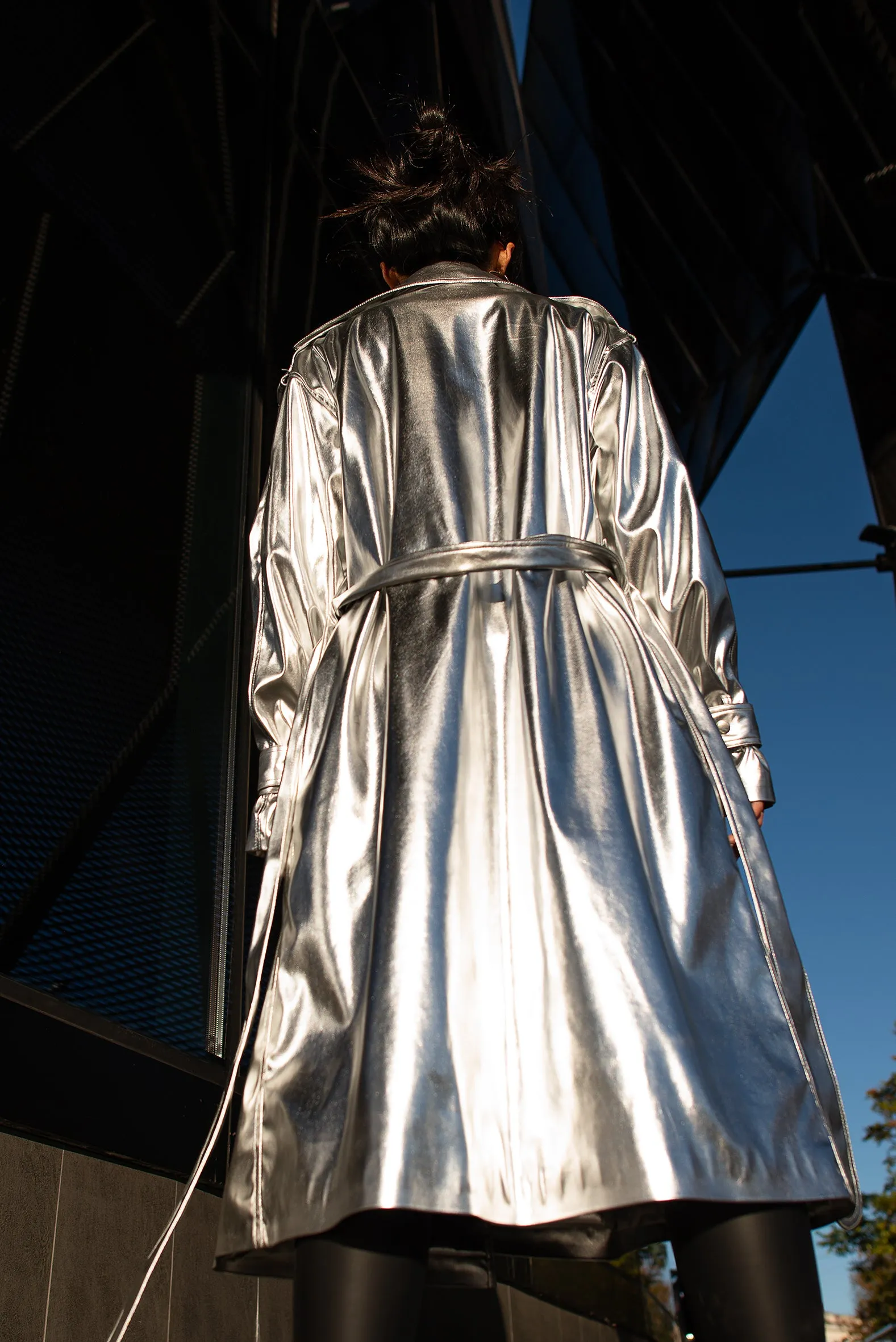 Silver Vegan Leather Trench Coat.