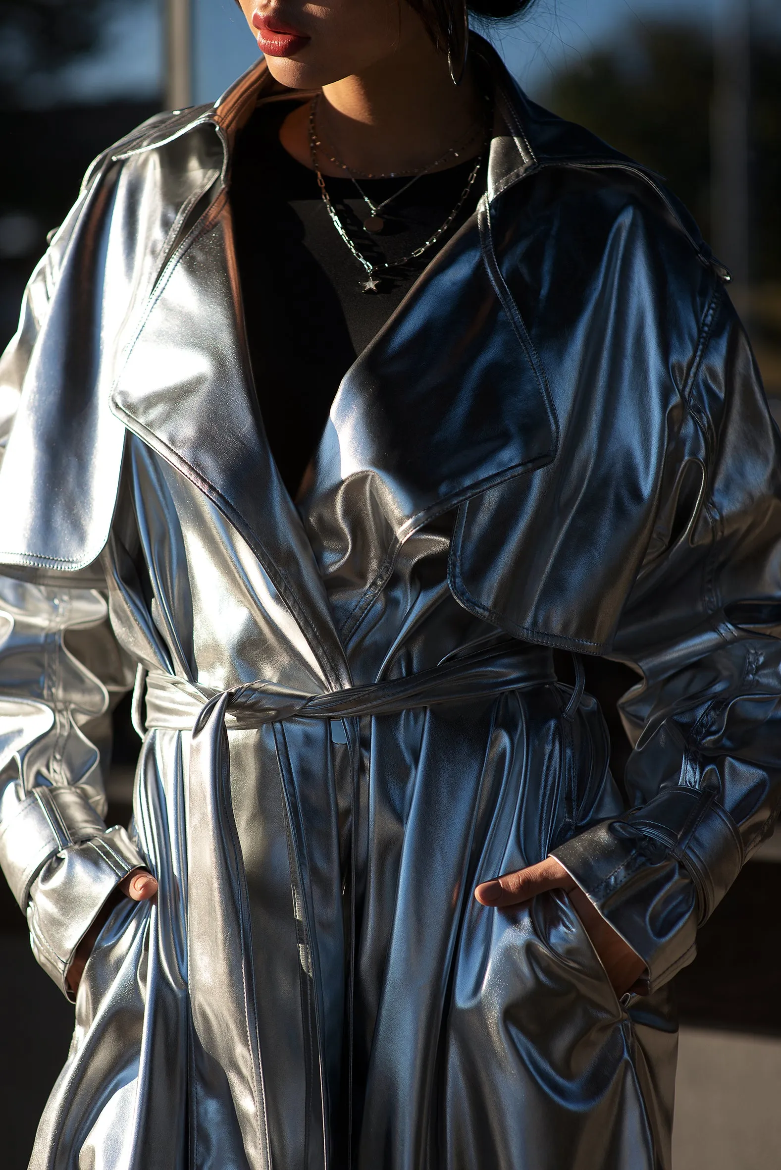 Silver Vegan Leather Trench Coat.
