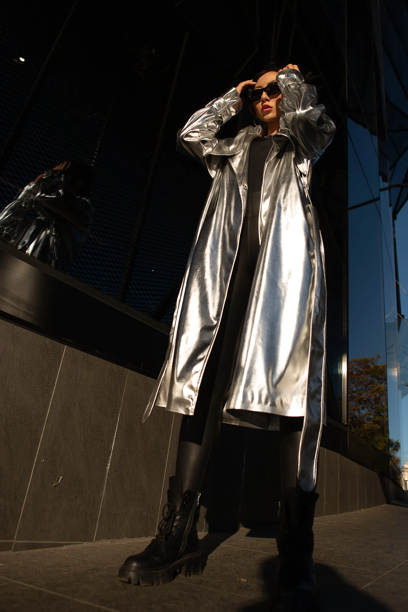 Silver Vegan Leather Trench Coat.