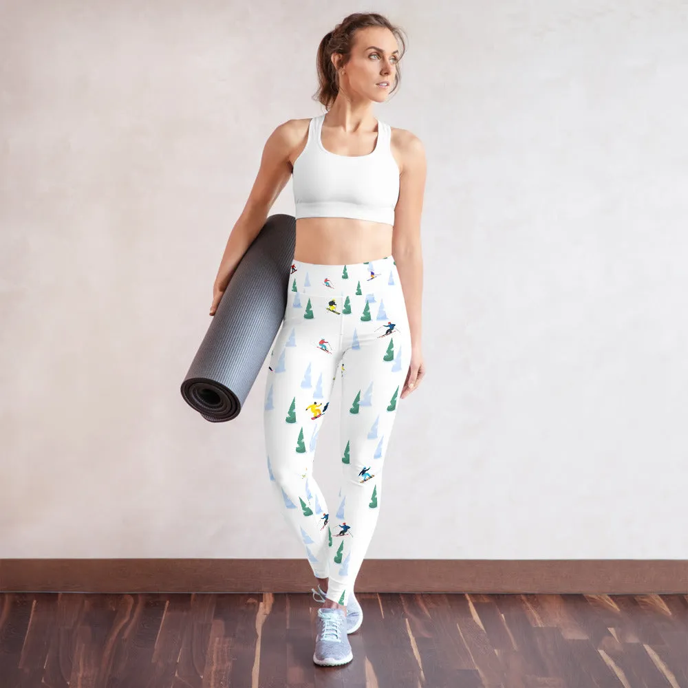 Ski Yoga Leggings Women, Skiing Downhill Trees Winter Sport High Waisted Pants Cute Printed Graphic Workout Gym Designer Tights