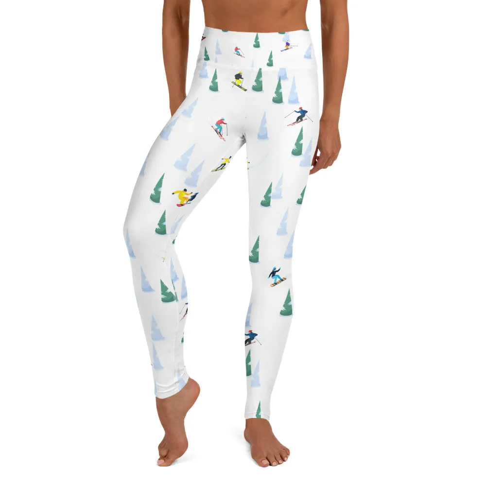 Ski Yoga Leggings Women, Skiing Downhill Trees Winter Sport High Waisted Pants Cute Printed Graphic Workout Gym Designer Tights