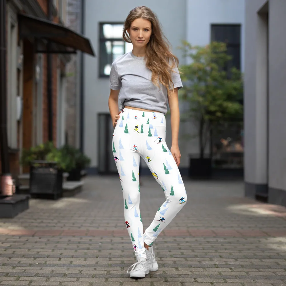 Ski Yoga Leggings Women, Skiing Downhill Trees Winter Sport High Waisted Pants Cute Printed Graphic Workout Gym Designer Tights