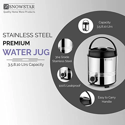 SNOWSTAR® Insulated Water Jug I Stainless Steel Body Inside and Outside I 5 Liter of Capacity I Thermosteel Water Container