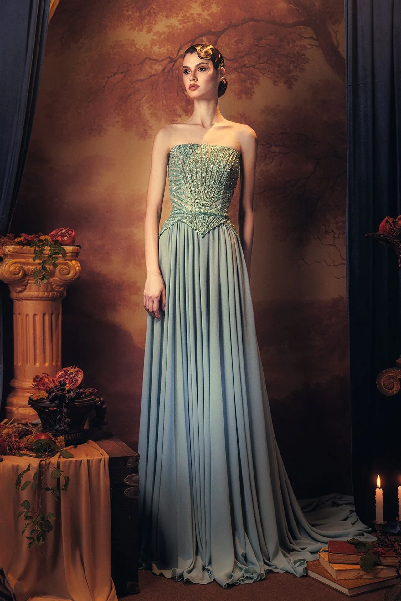 Strapless Pleated Silk Dress