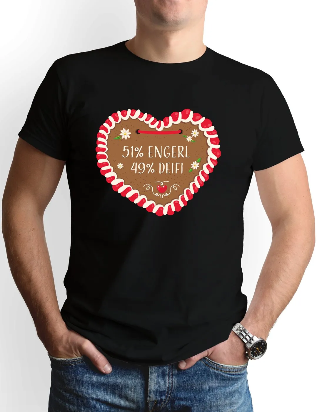 T-Shirt Herren - 51% Engerl 49% Deifi (Lebkuchenherz)