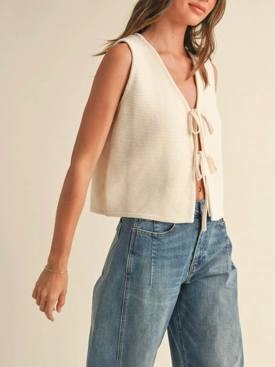 Tie Front Knit Vest - Cream