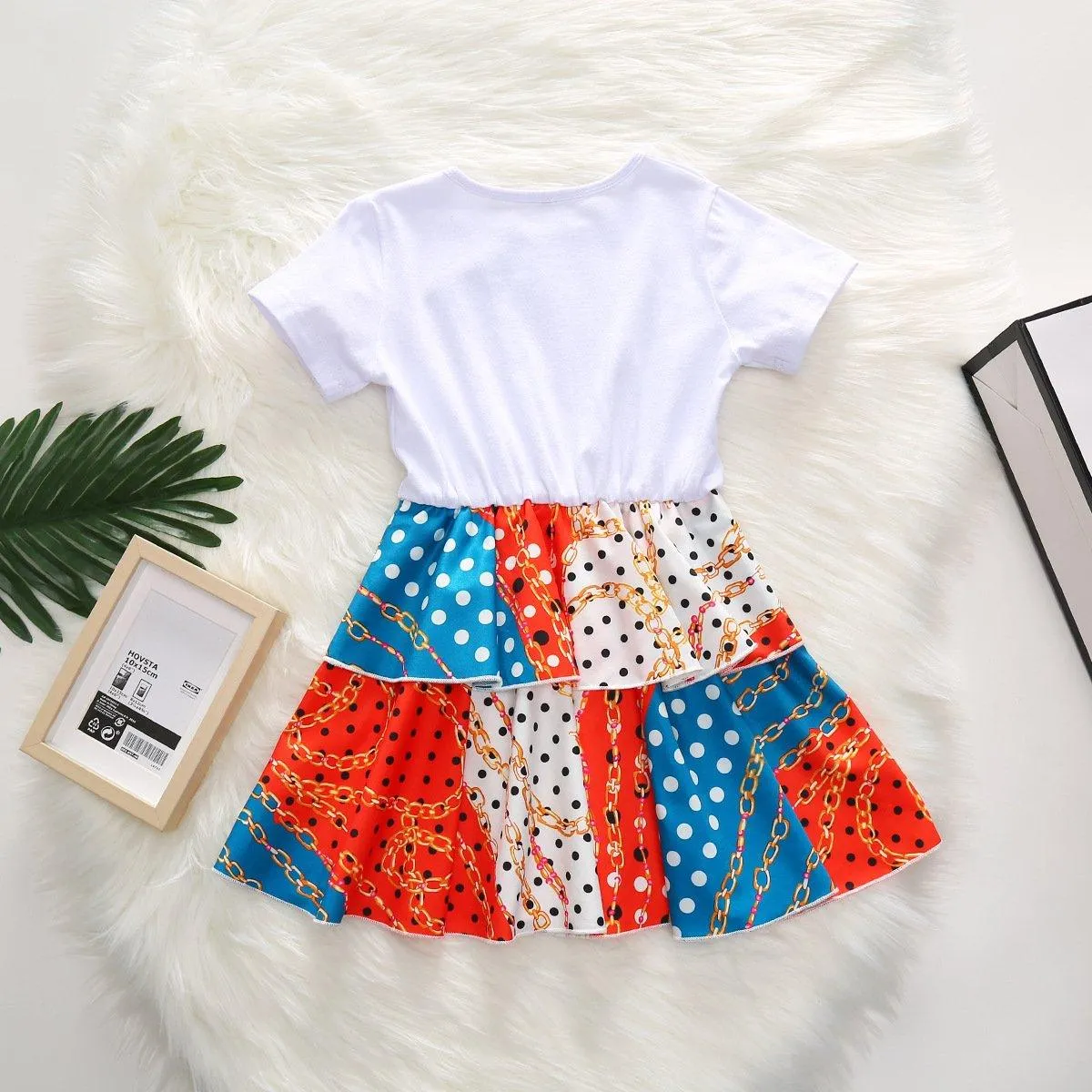 Toddler Girl White Short Sleeve Splice Dress Contrast Pleated Skirt