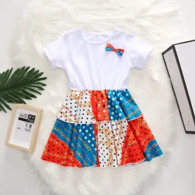 Toddler Girl White Short Sleeve Splice Dress Contrast Pleated Skirt