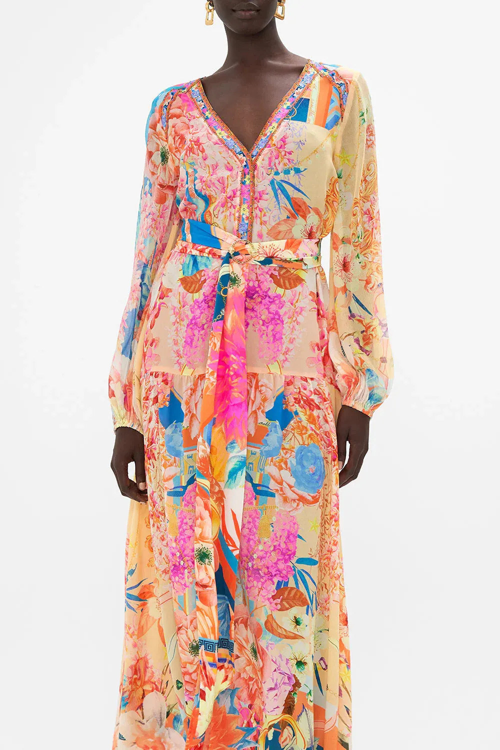 V Neck Dress With Belt - Meet Me in the Garden