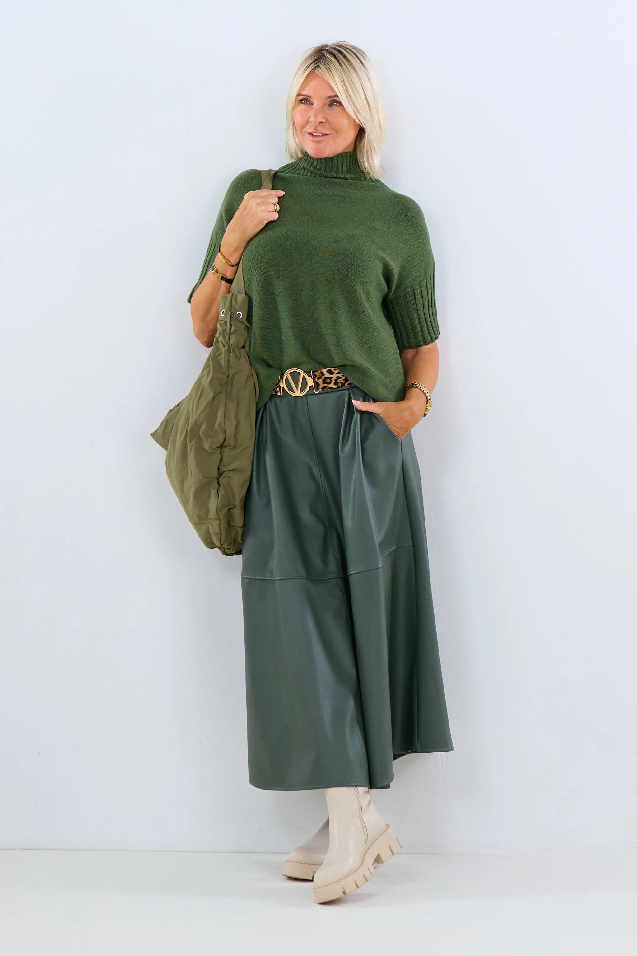 Weicher Kurzarm Pulli mit Turtleneck, khaki