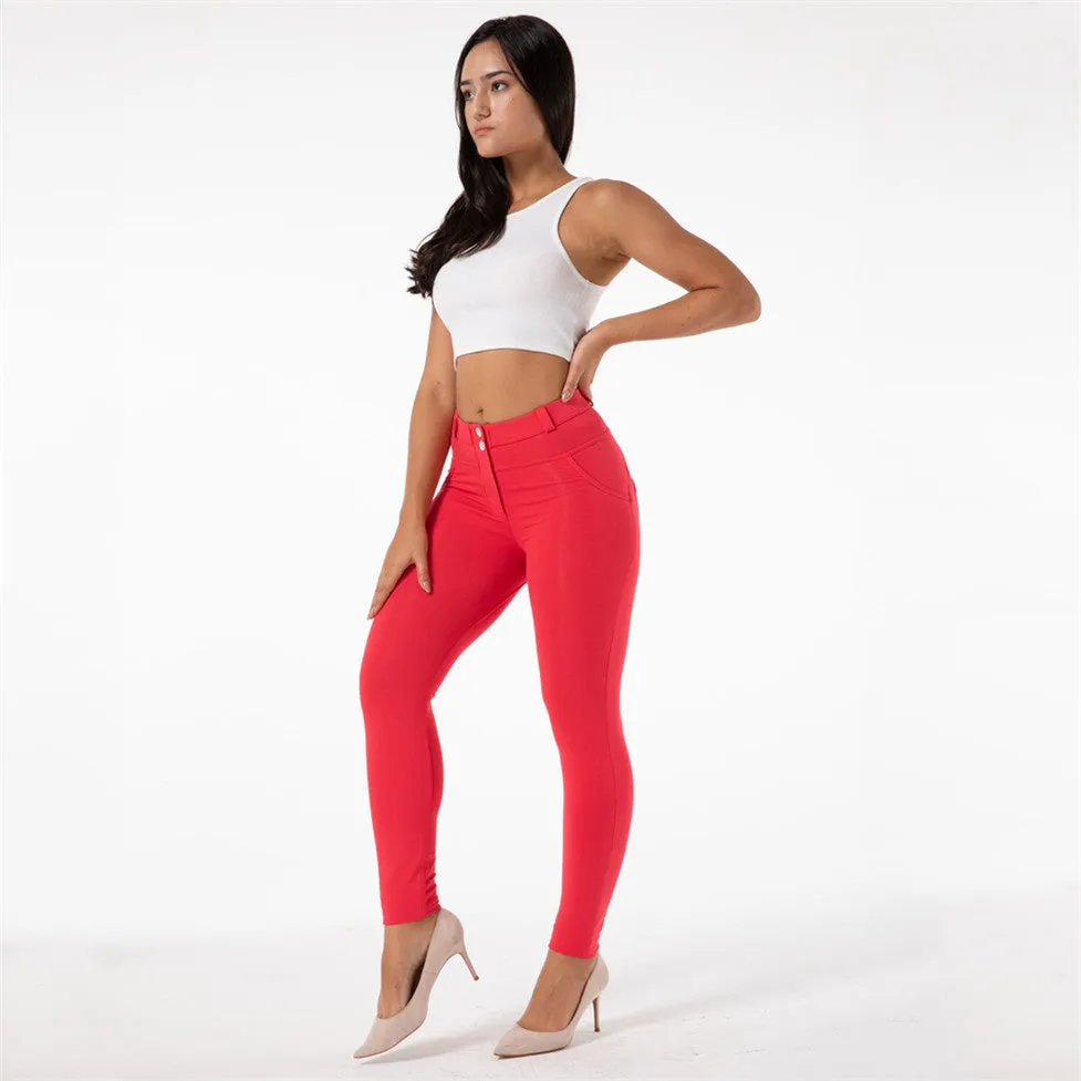 Wjczt Melody Red Skinny Jeggings Cotton Female Workout Jegging Mid Waist Tights Bum Lift Pants Women&#39;s Clothing