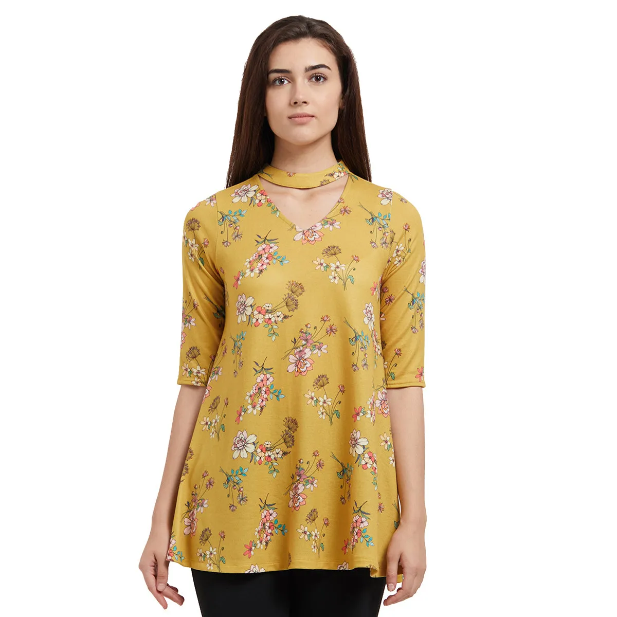 Yellow Printed Choker Neck Tunic